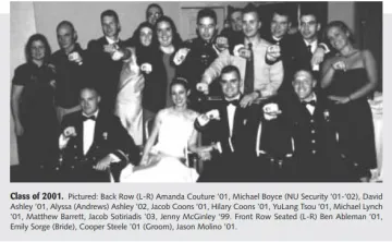 A large group from the Norwich University class of 2001 surround Cooper Steele '01 and his wife Emily on their wedding day. All of the members of the class hold forward their left hand bearing their class rings. From photo found in Norwich RECORD.