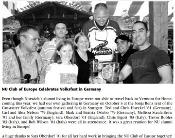 A group of Norwich's alumni living in Europe (Germany) with Sara Oberdorf seen middle of group in dark shirt. Man in lederhosen at left, another holding forward a glass stein at right. From photo found in Norwich RECORD.
