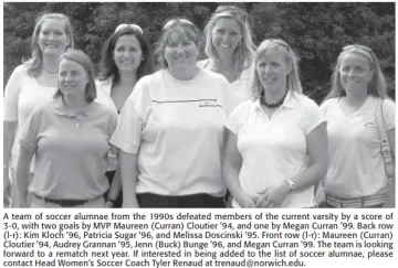 A group of seven women stand together smiling. The group includes back, far left: Kimberly A. Conant '96, Patricia Daniel '96; and front, second from right, Jennifer (Buck) Bunge '96.