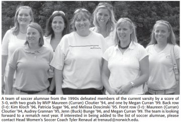 A group of seven women stand together smiling. The group includes back, far left: Kimberly A. Conant '96, Patricia Daniel '96; and front, second from right, Jennifer (Buck) Bunge '96.