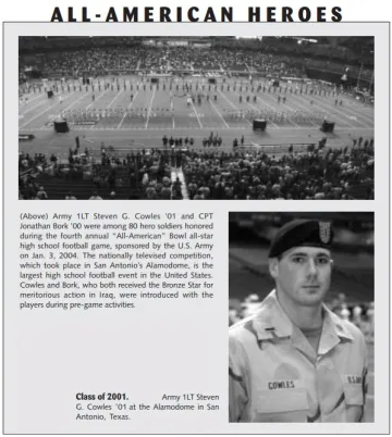Top of photo is a panorama of the scene on a football field with many individuals honored at the 4th Annual "All-American" Bowl all star football game at San Antonio's Alamodome. Steven Cowles '01 in photo at event in beret and US Army fatigues shown lower right. Photo from 2000's edition of Norwich RECORD.