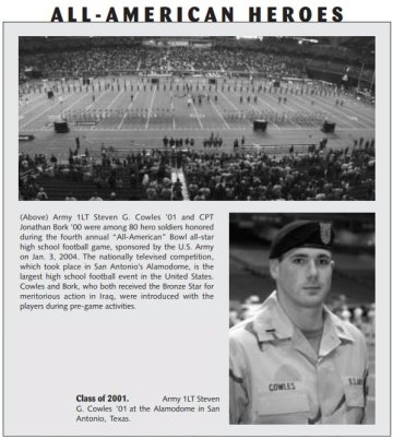 Top of photo is a panorama of the scene on a football field with many individuals honored at the 4th Annual "All-American" Bowl all star football game at San Antonio's Alamodome. Steven Cowles '01 in photo at event in beret and US Army fatigues shown lower right. Photo from 2000's edition of Norwich RECORD.