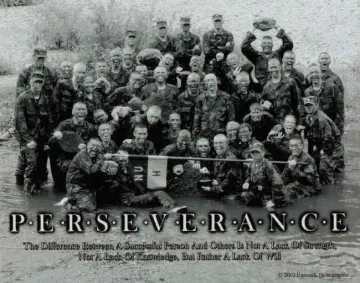Black and white image of a group of individuals standing in a river wearing military fatigues. Below the group in the image is the work Perseverance.