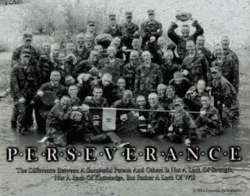 Black and white image of a group of individuals standing in a river wearing military fatigues. Below the group in the image is the work Perseverance.