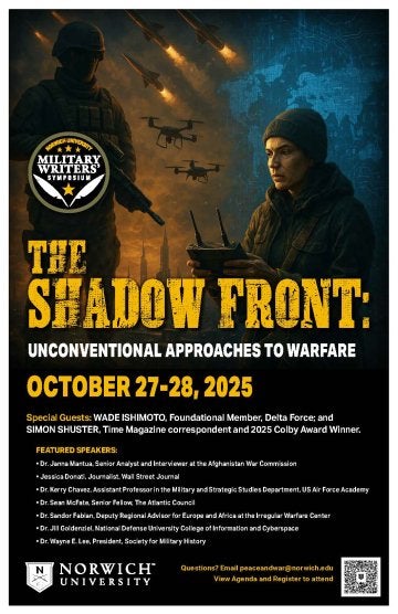 Two figures in shadow with drones and rockets in the background.