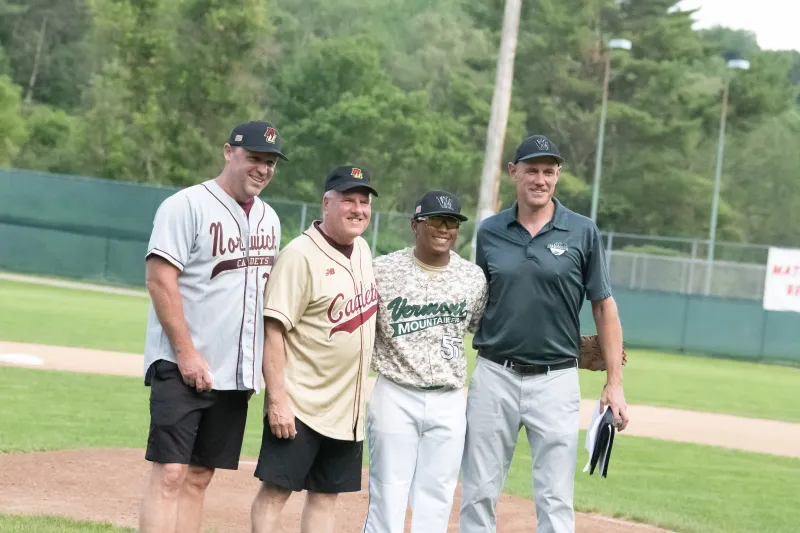 Lieutenant General John Broadmeadow ‘83, USMC (Retired), and Ed Hockenbury took to the mound for the ceremonial first pitch of the game at The Vermont Mountaineers.