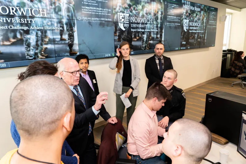 Senator Welch and Norwich University students at the exercise in using AI to respond to humanitarian disasters.