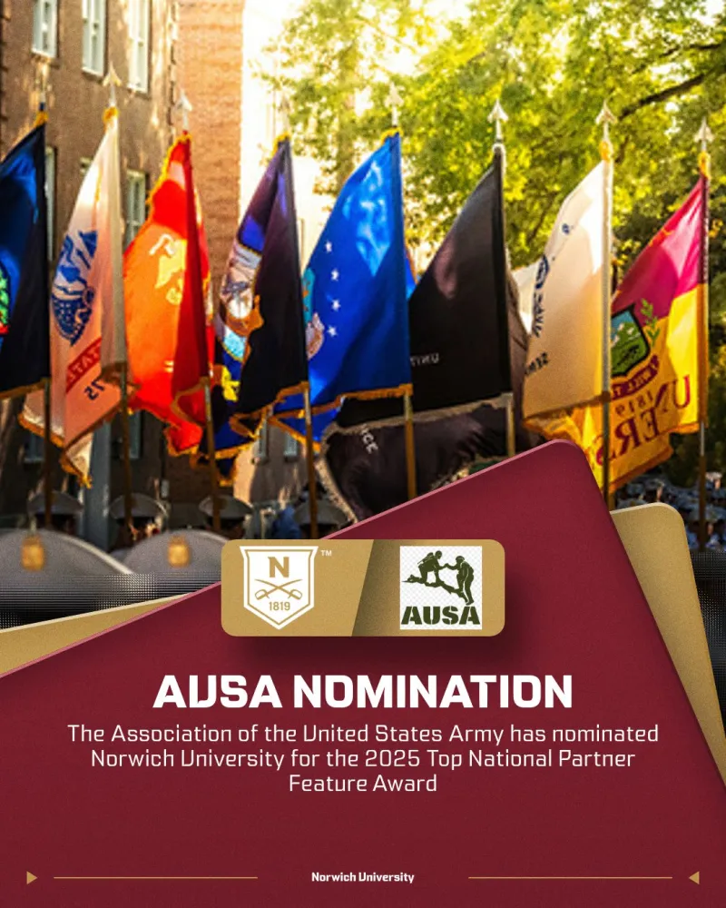 The flags of the Armed Forces are displayed on the Upper Parade Ground during the afternoon, with the bottom of the photo designed with maroon overlaying gold, and the logos of the AUSA and Norwich.