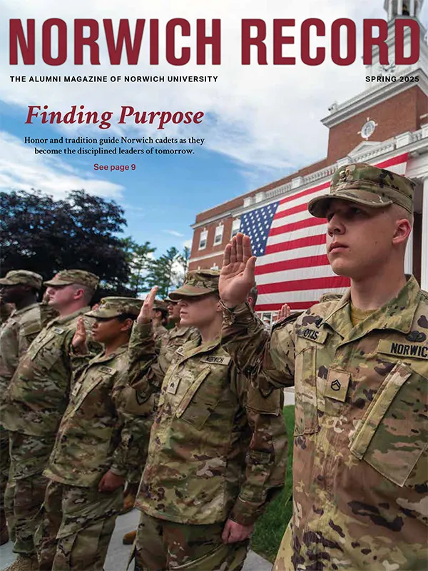 Norwich Record Spring 2025 - cover - First-year cadets commit themselves to the Norwich way of life in front of Jackman Hall
