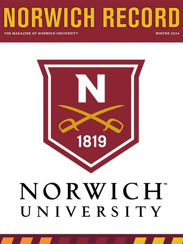 The Norwich Record Winter 2024 Issue - image of the new Norwich Logo Red Shield with crossed sabers 