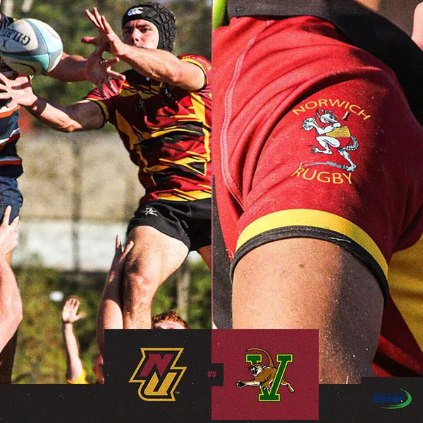 A graphic highlighting Norwich men's rugby versus the University of Vermont.
