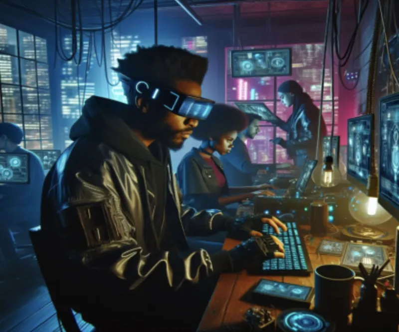 GenAI illustration of two individuals wearing virtual reality headsets and using computers in a high-tech, neon-lit room filled with electronic equipment.