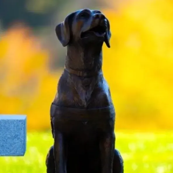 A bronze dog statue with an autumn background.
