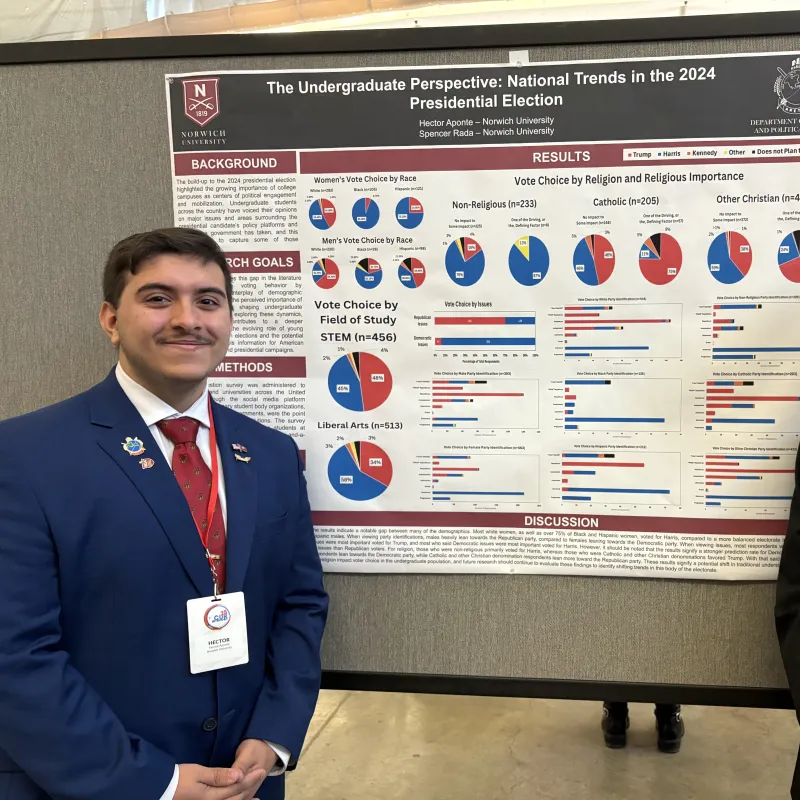 Student stands beside a research poster on the 2024 presidential election.