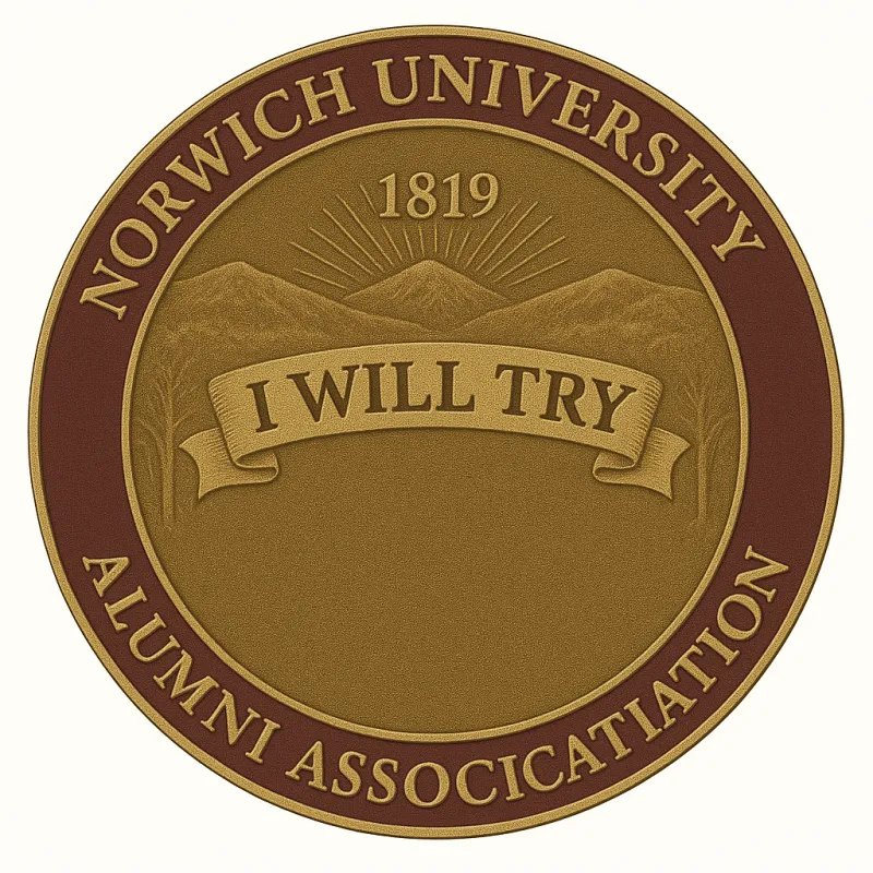 Norwich University Alumni Association seal with mountains, 1819, and a banner reading I WILL TRY.